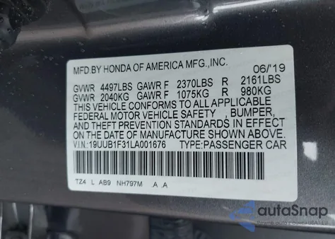 2020 Acura Tlx Standard z USA, uszkodzony, nr VIN 19UUB1F31LA001676